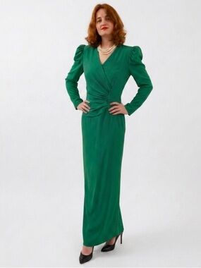 Vintage Carolina Herrera Green Silk Maxi Dress Size 10 Fits 6-8